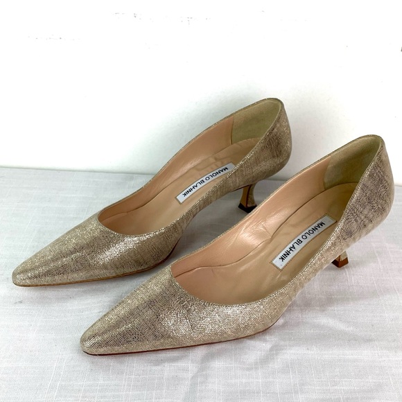 Manolo Blahnik Gold Glitter Fabric Pointy Suede Pumps Size 39 Made in Italy - Picture 5 of 7